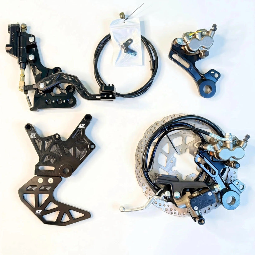 JC Designs Ultra Bee foot brake kit — hydraulic caliper, rotor, master cylinder and pre-bled braided line