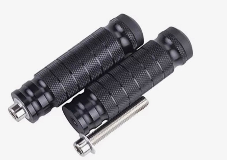 JC Designs foot lock pegs in black with knurled grip and mounting bolts