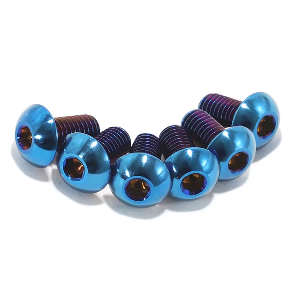 Burnt titanium bolts, close detail of the heat-treated blue and violet finish