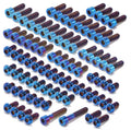 Full titanium bolt kit in burnt blue and violet finish, complete set laid out