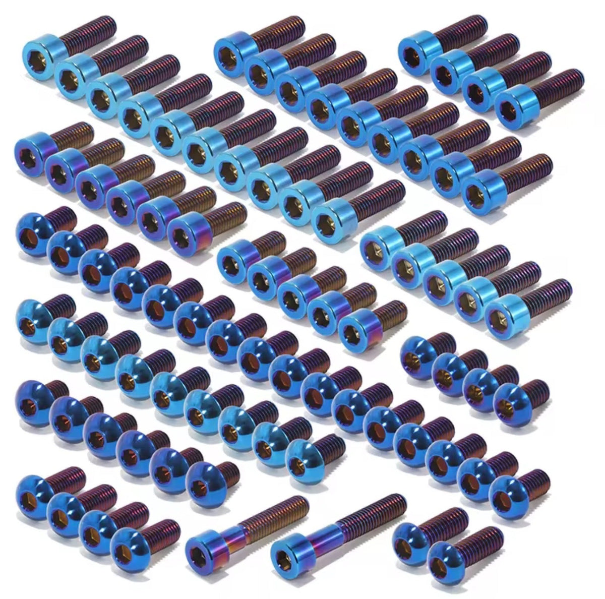 Full titanium bolt kit in burnt blue and violet finish, complete set laid out