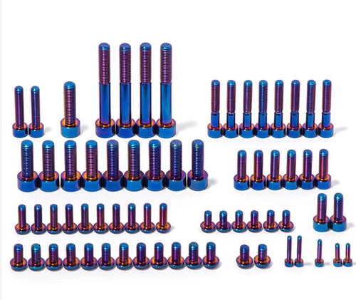 Titanium bolt kit sorted by length — cap head and button head bolts in burnt titanium finish